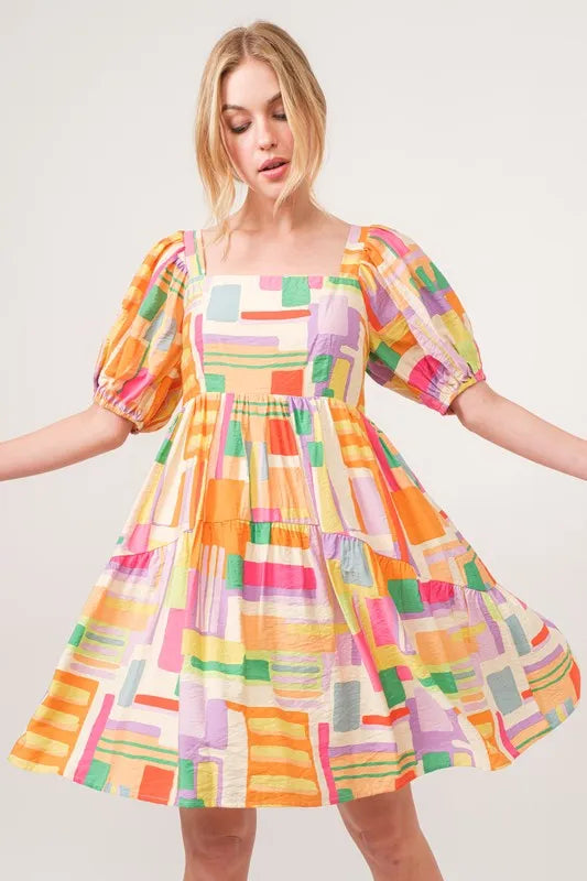 And The Why Square Neck Puff Sleeve Geo Printed Mini Dress.