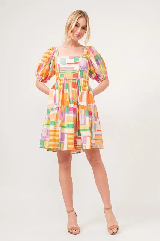 And The Why Square Neck Puff Sleeve Geo Printed Mini Dress.