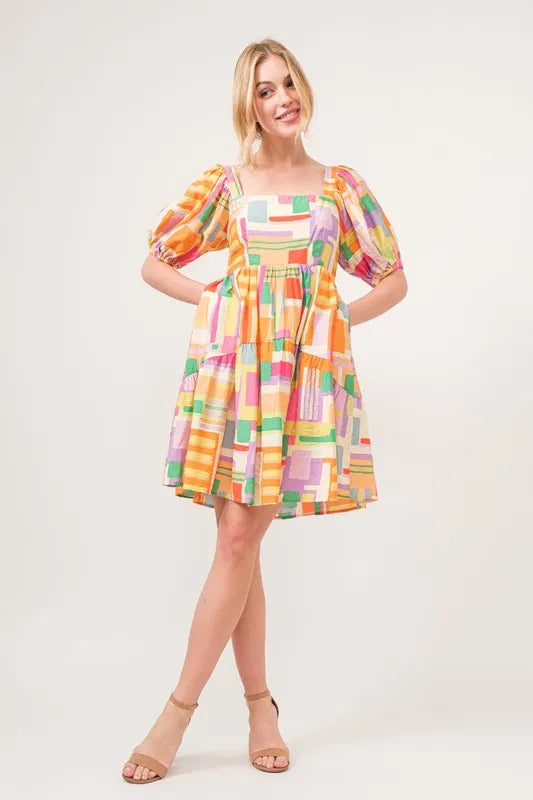 And The Why Square Neck Puff Sleeve Geo Printed Mini Dress.