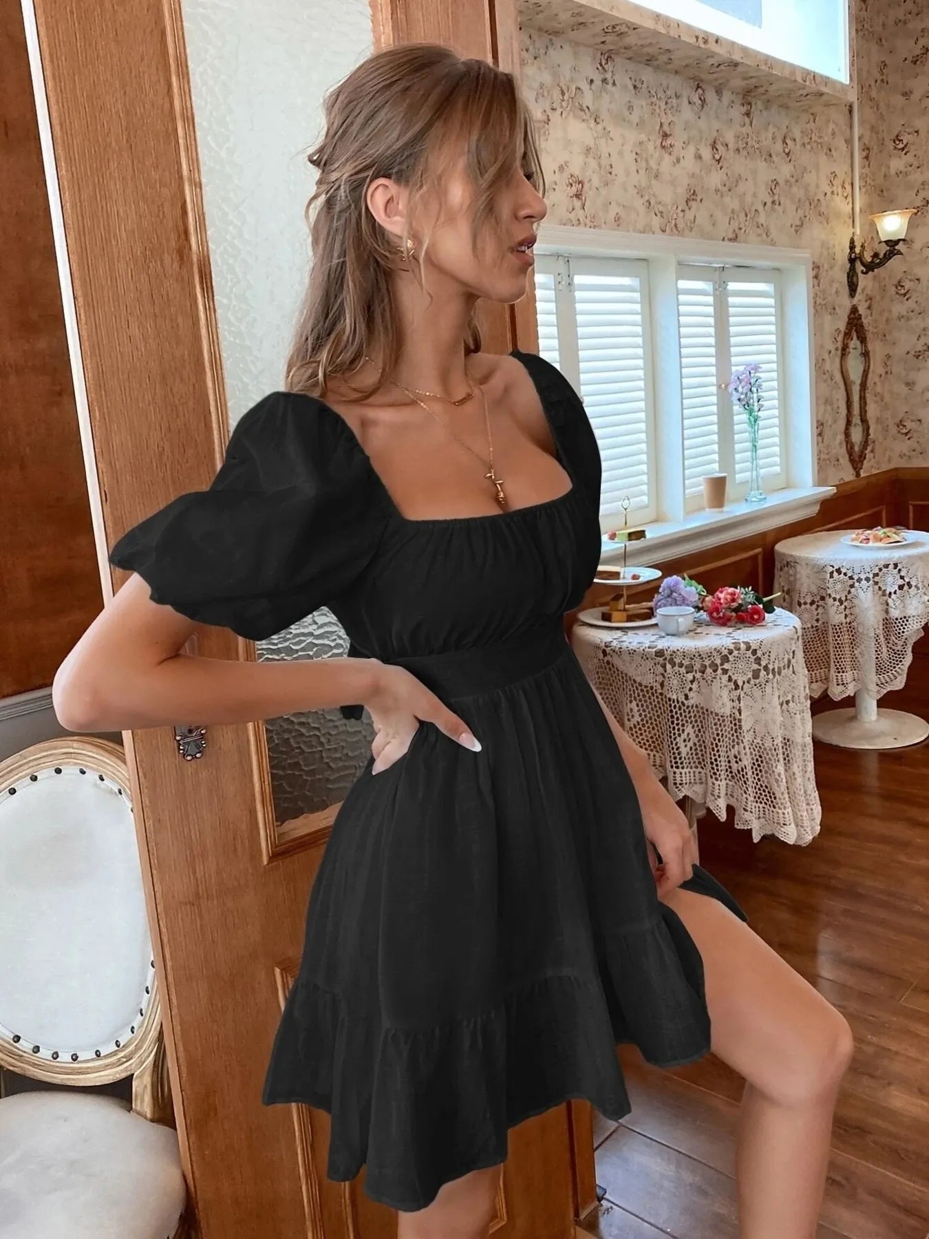 Square Neck Puff Sleeve Mini Dress.