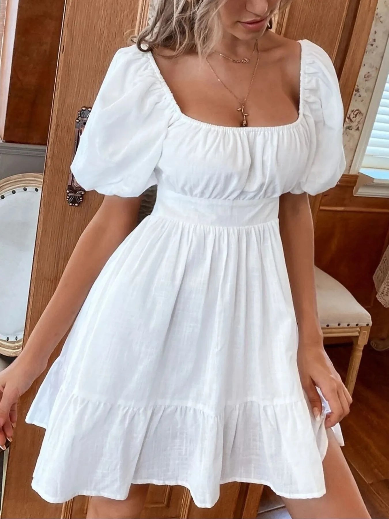Square Neck Puff Sleeve Mini Dress.