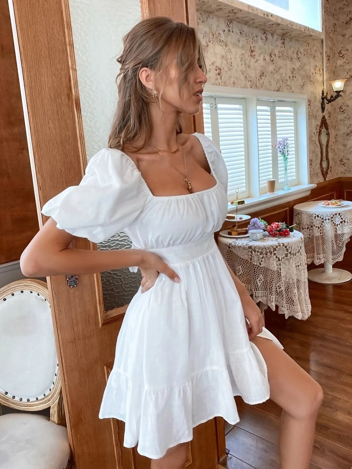 Square Neck Puff Sleeve Mini Dress.