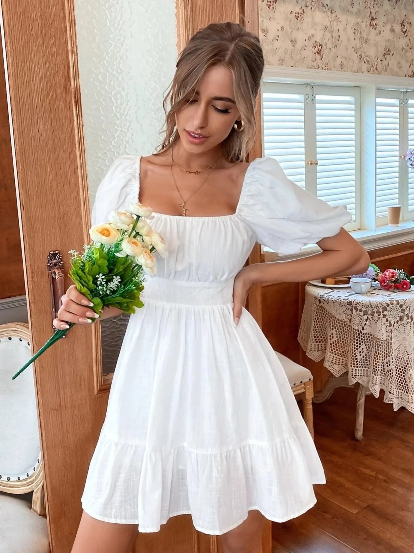 Square Neck Puff Sleeve Mini Dress.