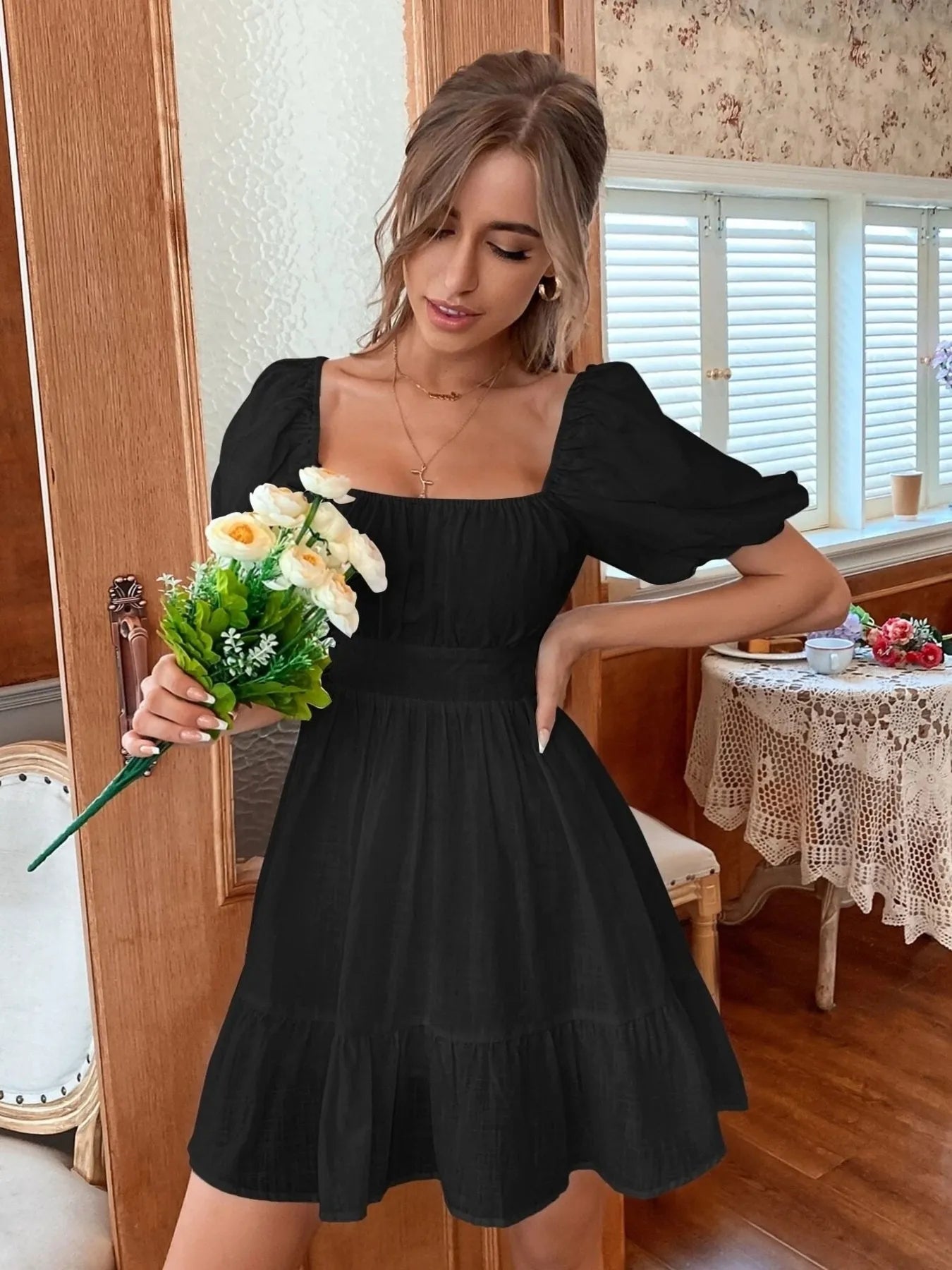 Square Neck Puff Sleeve Mini Dress.