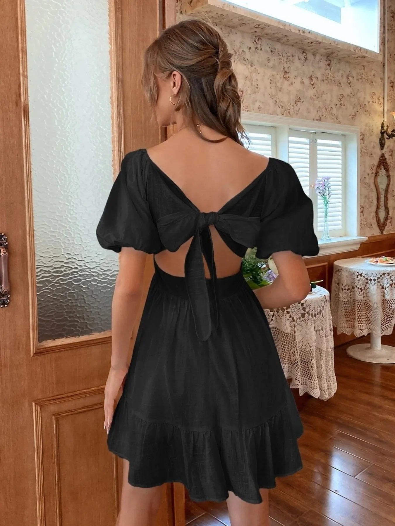 Square Neck Puff Sleeve Mini Dress.