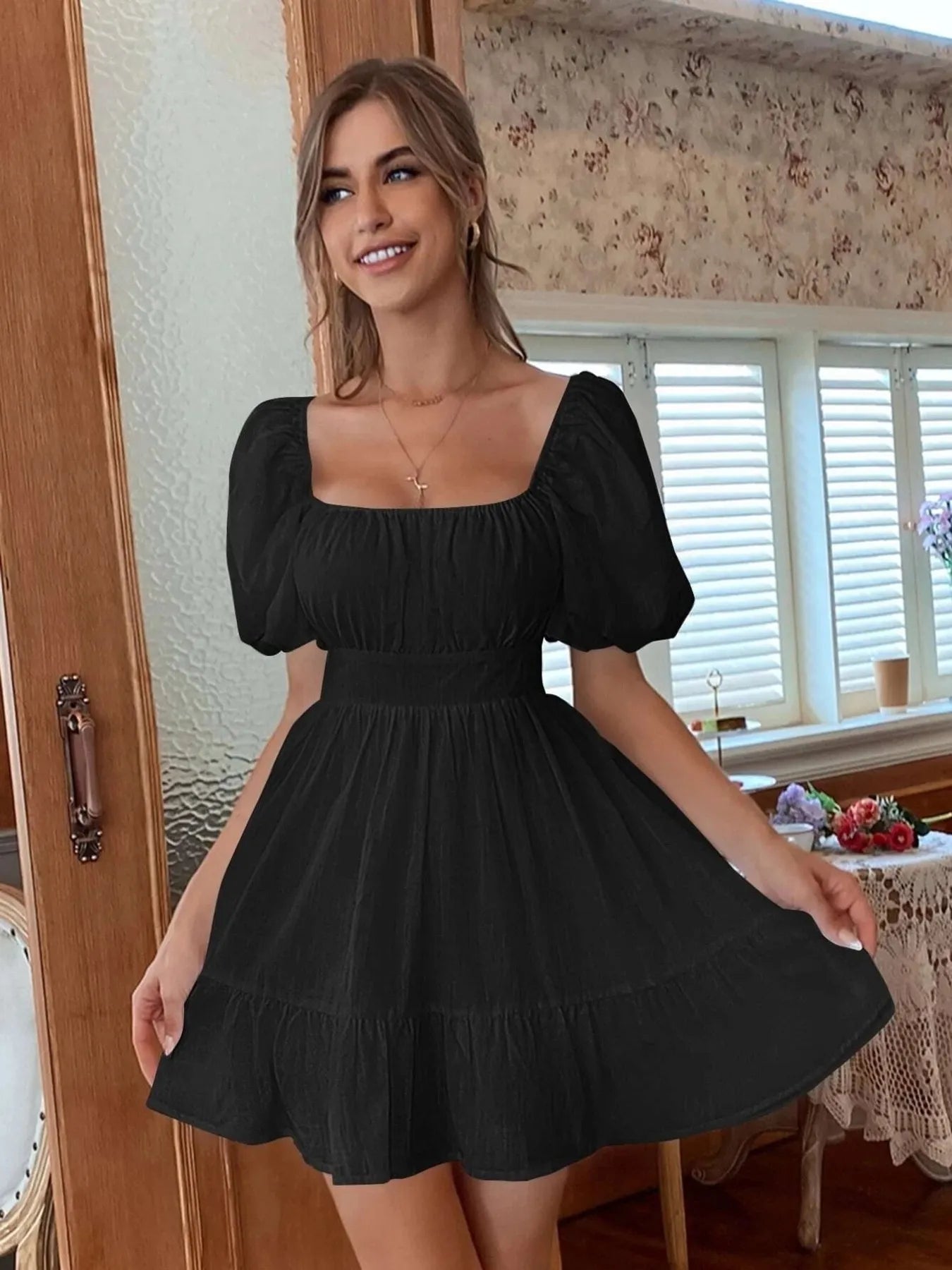 Square Neck Puff Sleeve Mini Dress.