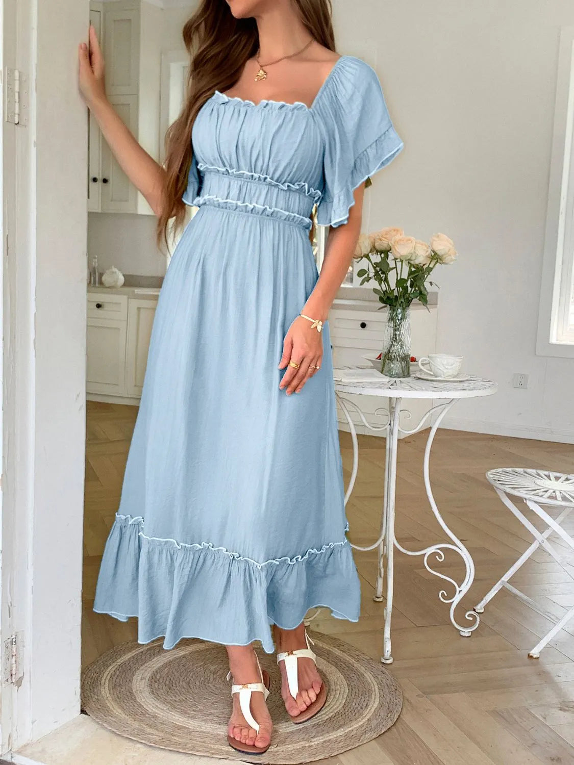 Square Neck Puff Sleeve Ruffle Trim Maxi Dress.