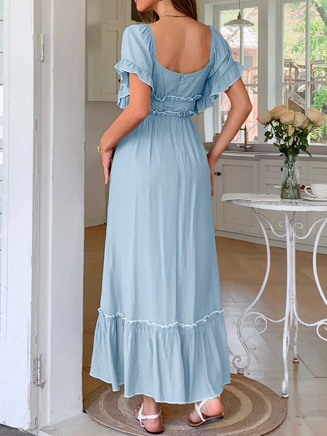 Square Neck Puff Sleeve Ruffle Trim Maxi Dress.