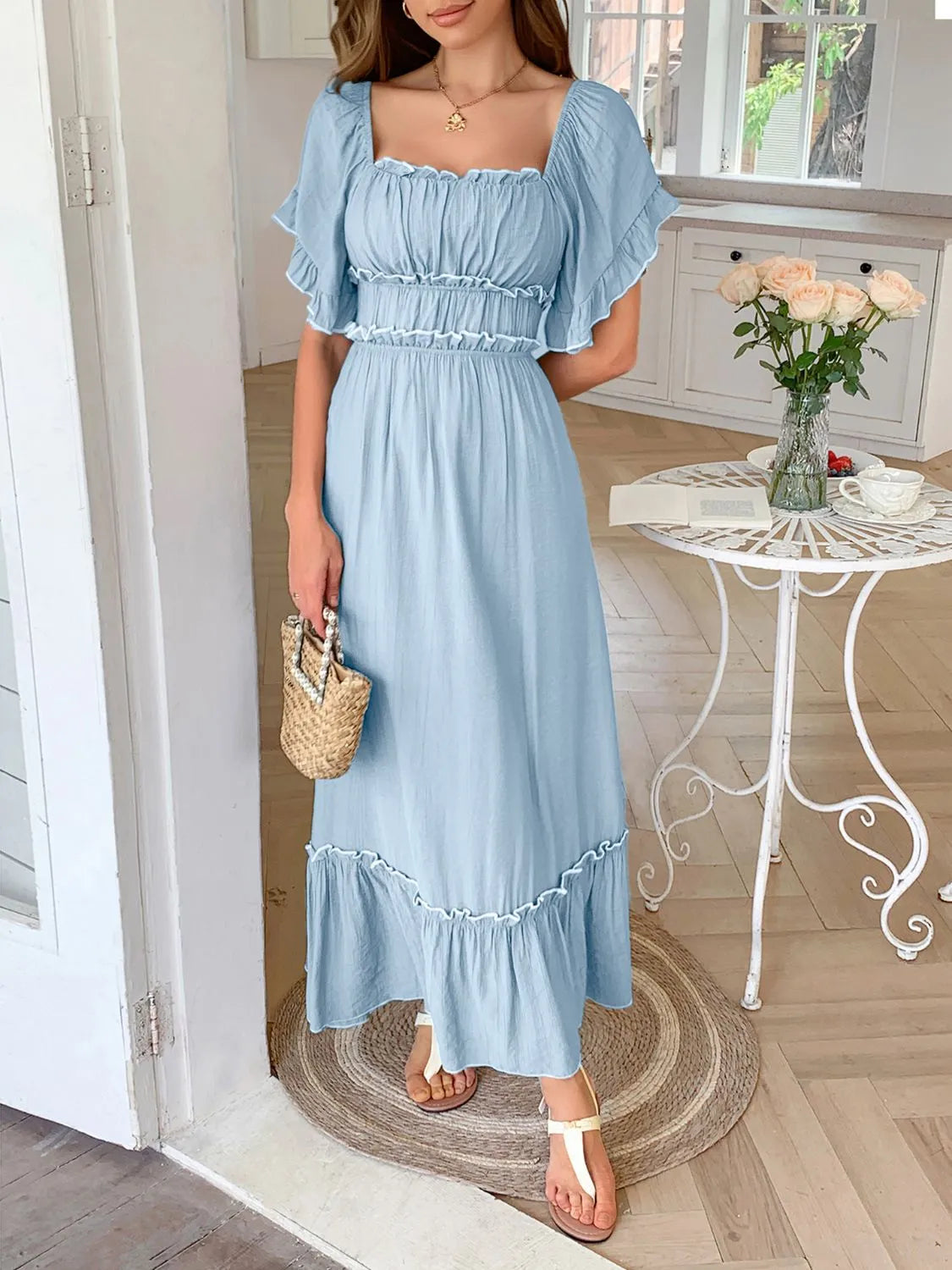 Square Neck Puff Sleeve Ruffle Trim Maxi Dress.