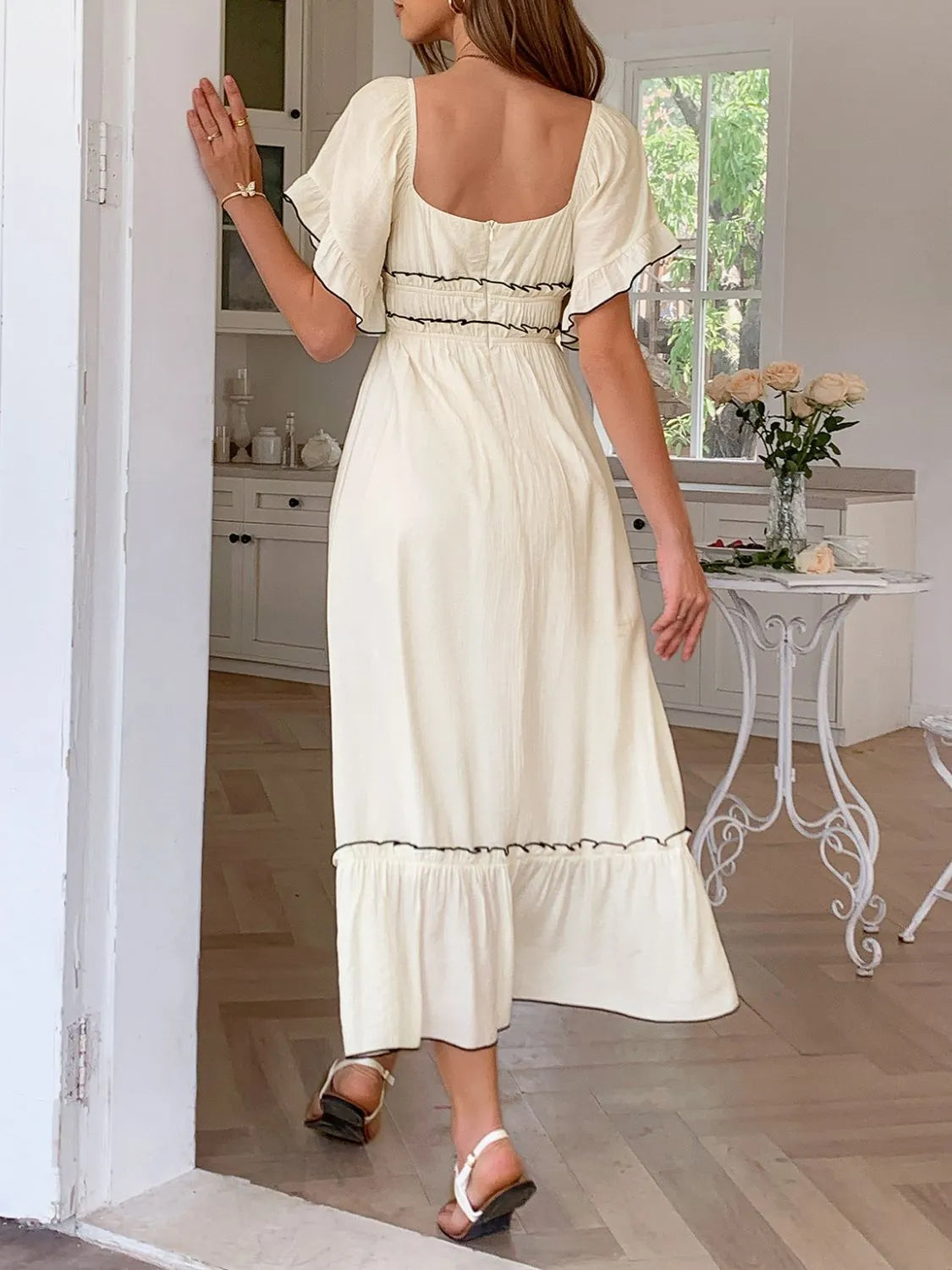 Square Neck Puff Sleeve Ruffle Trim Maxi Dress.
