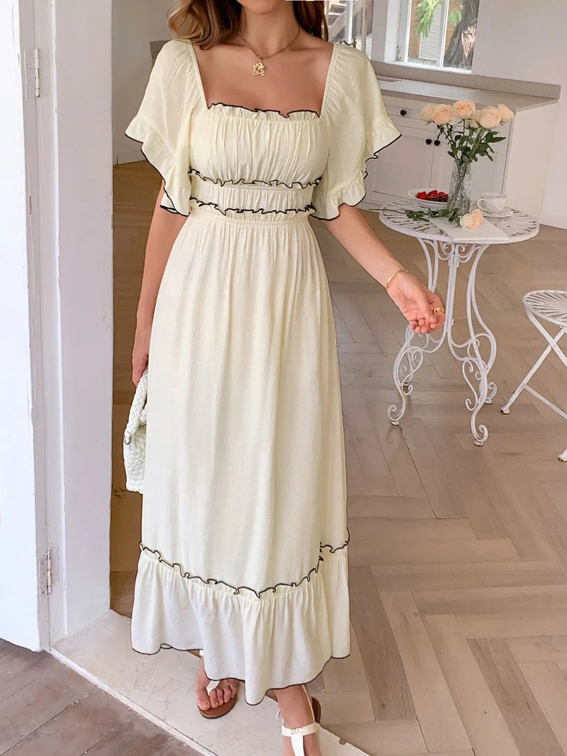 Square Neck Puff Sleeve Ruffle Trim Maxi Dress.