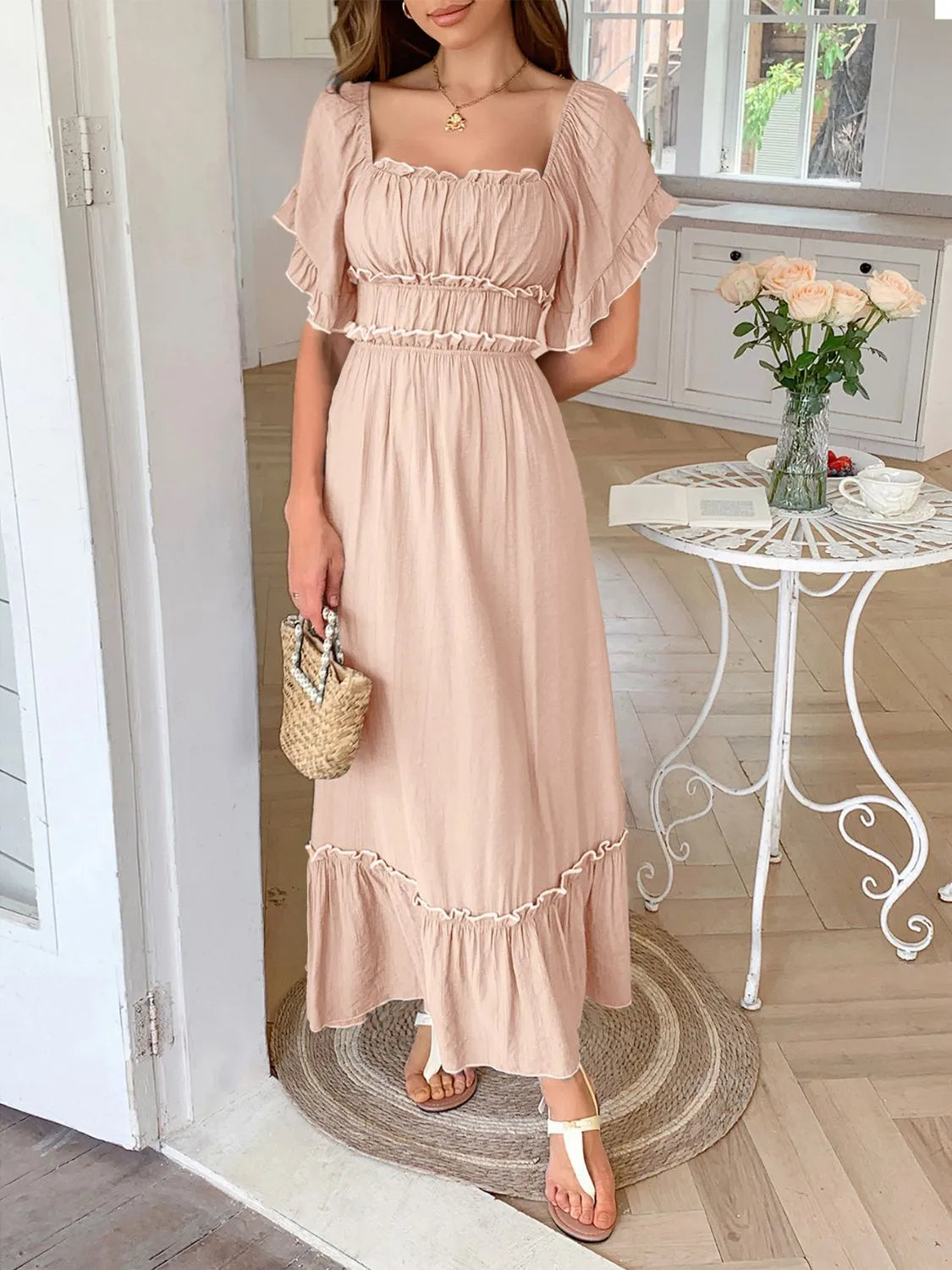 Square Neck Puff Sleeve Ruffle Trim Maxi Dress.