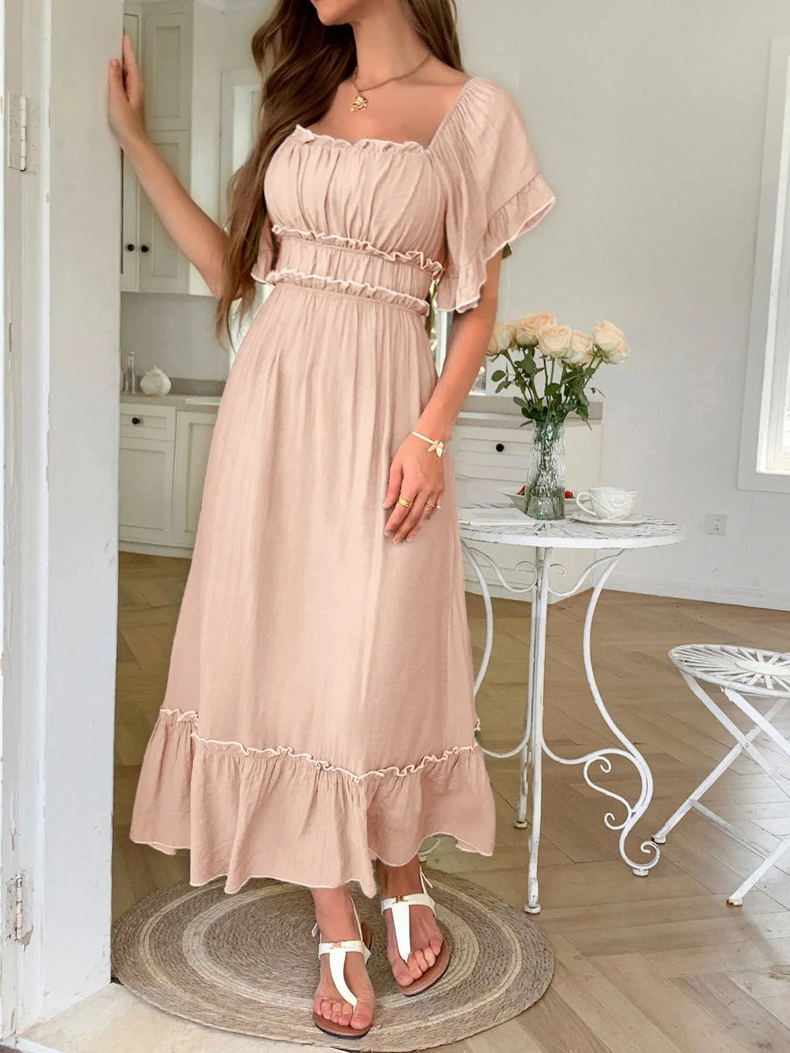 Square Neck Puff Sleeve Ruffle Trim Maxi Dress.