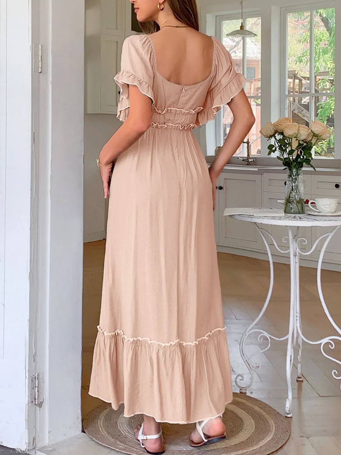 Square Neck Puff Sleeve Ruffle Trim Maxi Dress.