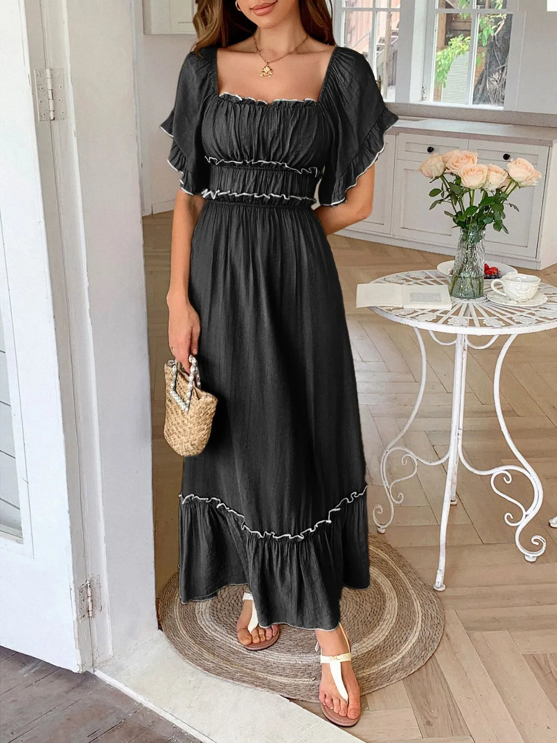 Square Neck Puff Sleeve Ruffle Trim Maxi Dress.