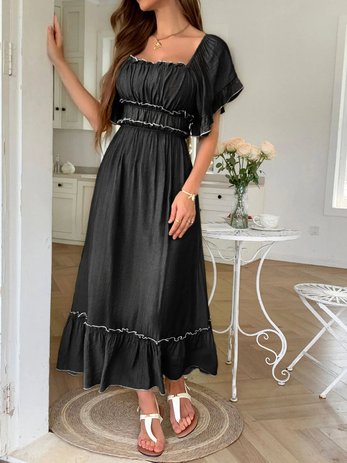 Square Neck Puff Sleeve Ruffle Trim Maxi Dress.