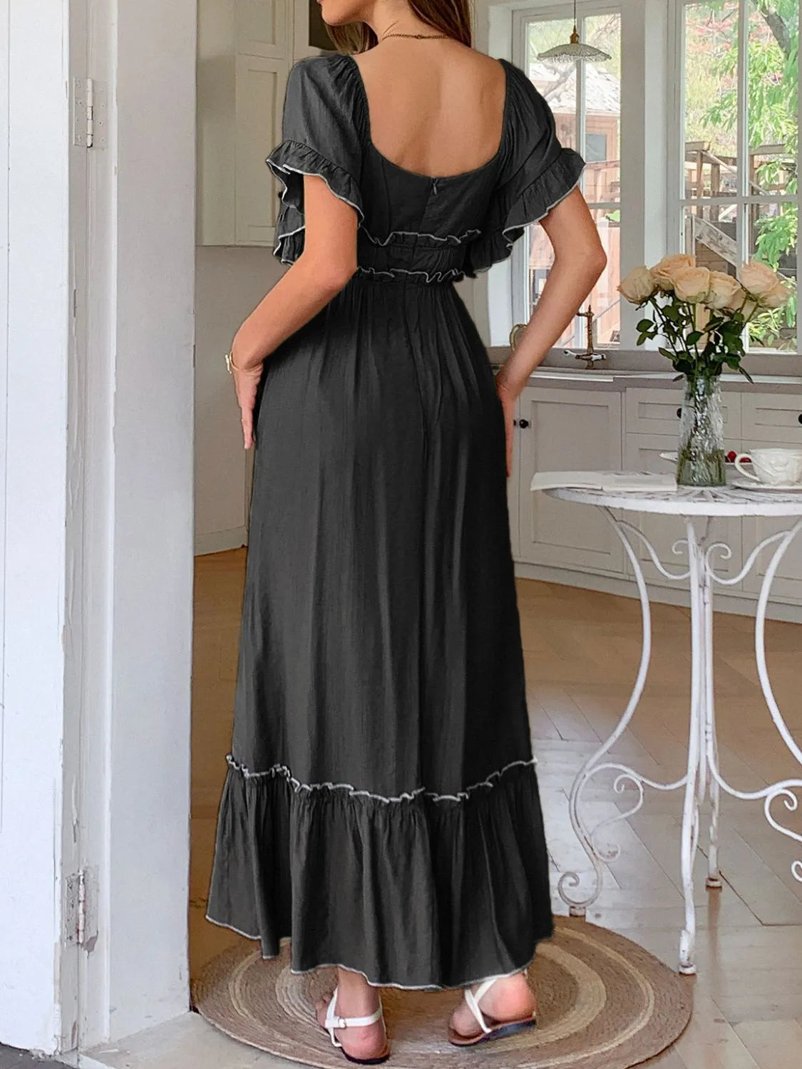 Square Neck Puff Sleeve Ruffle Trim Maxi Dress.