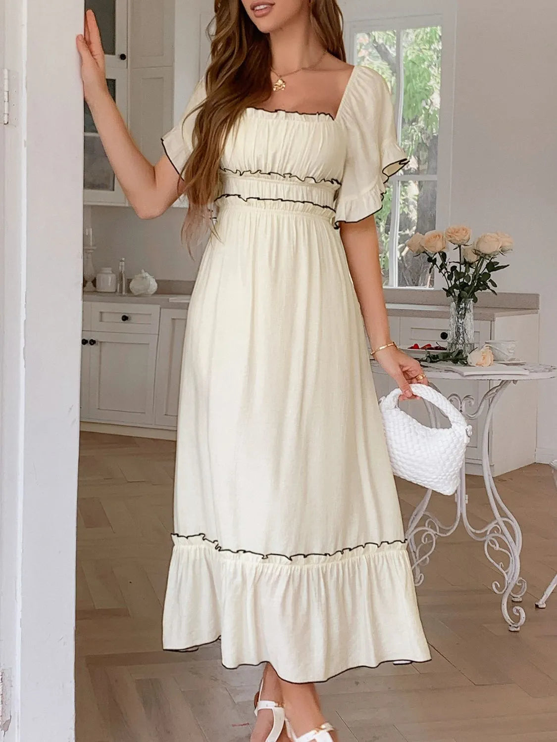 Square Neck Puff Sleeve Ruffle Trim Maxi Dress.