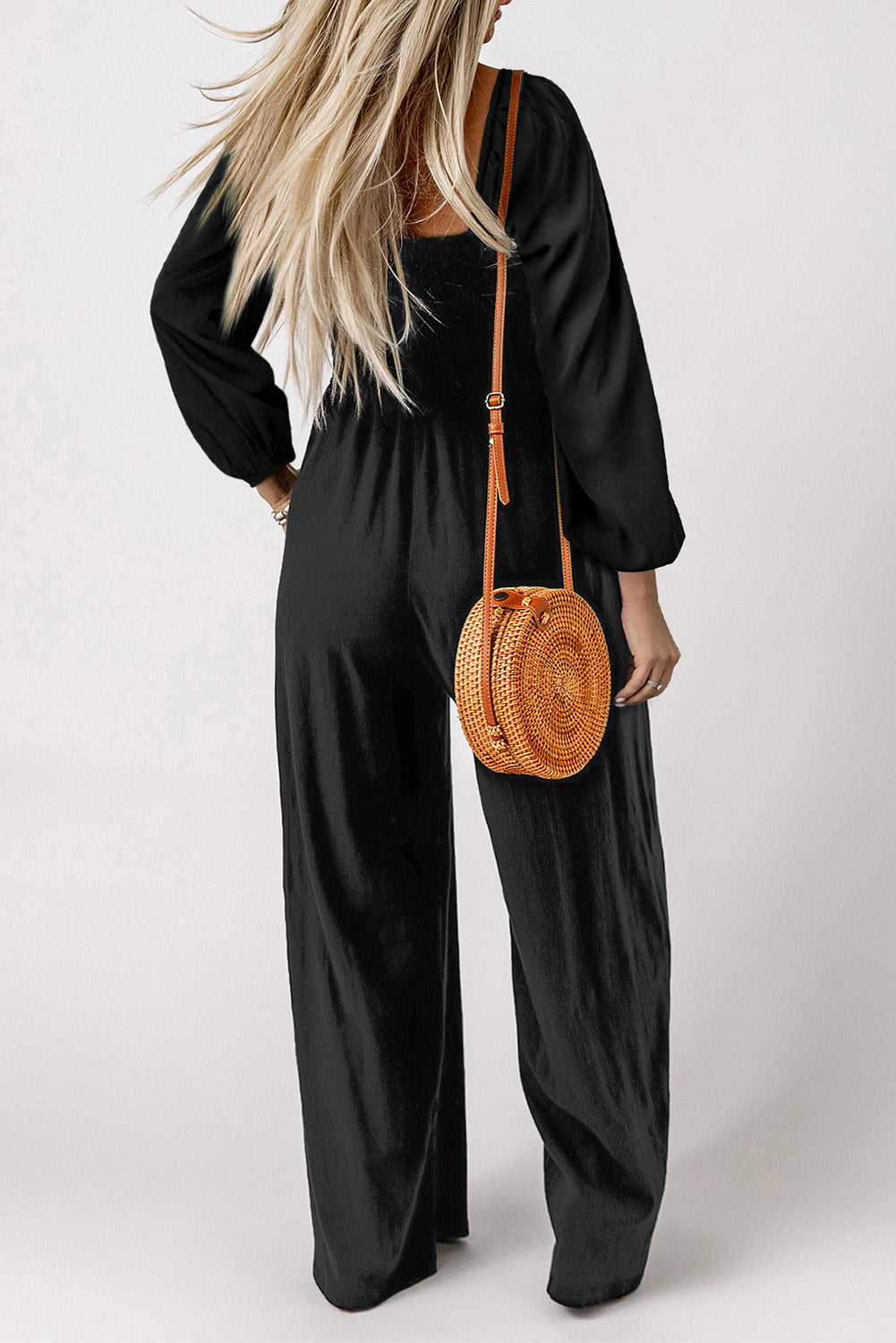 Square Neck Raglan Sleeve Jumpsuit with Pocket and Smocked Detail.