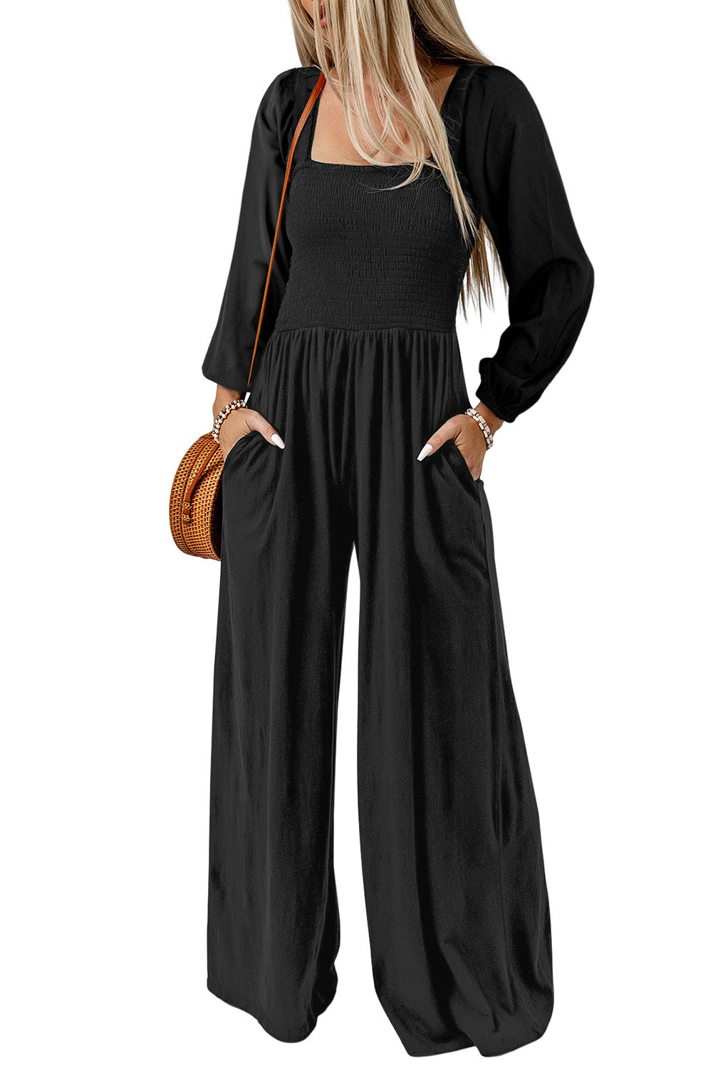 Square Neck Raglan Sleeve Jumpsuit with Pocket and Smocked Detail.