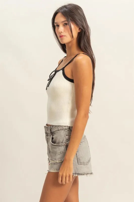Square neck ribbed knit cami, moderately stretchy.