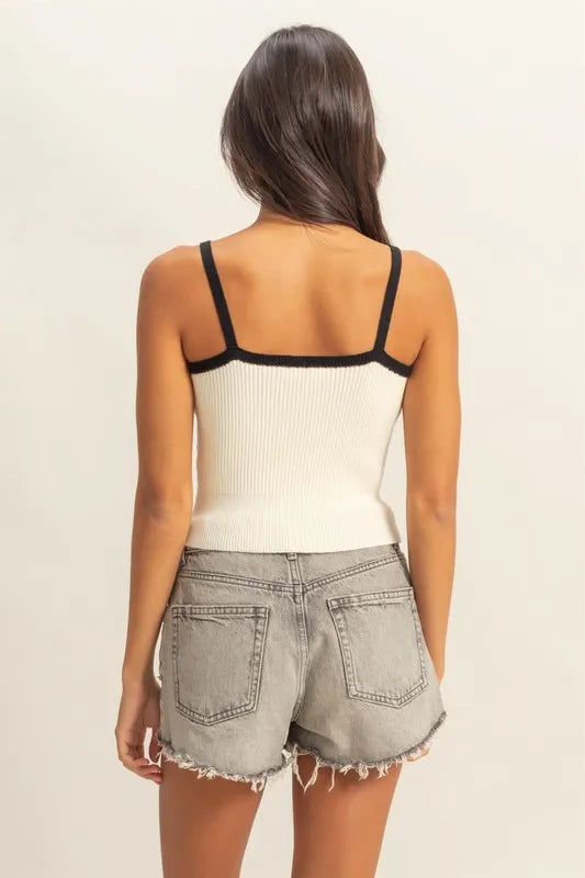 Square neck ribbed knit cami, moderately stretchy.