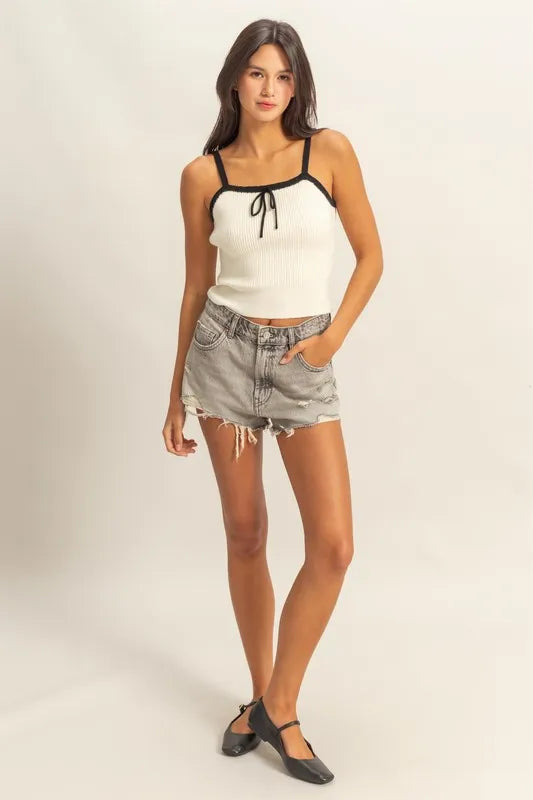 Square neck ribbed knit cami, moderately stretchy.