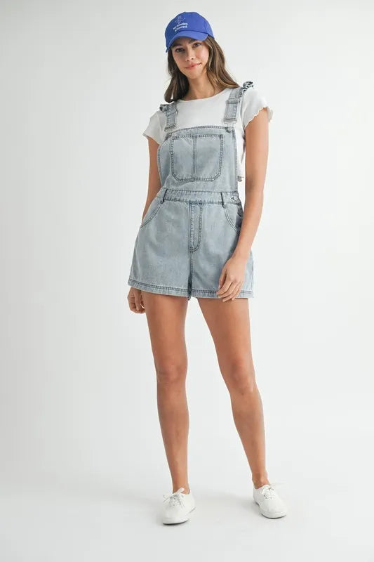 Square Neck Ruffle Shoulder Denim Overall Romper with Pockets.