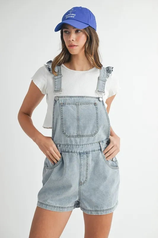 Square Neck Ruffle Shoulder Denim Overall Romper with Pockets.