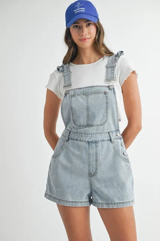 Square Neck Ruffle Shoulder Denim Overall Romper with Pockets.