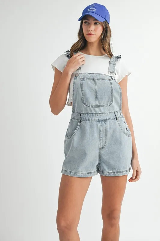 Square Neck Ruffle Shoulder Denim Overall Romper with Pockets.
