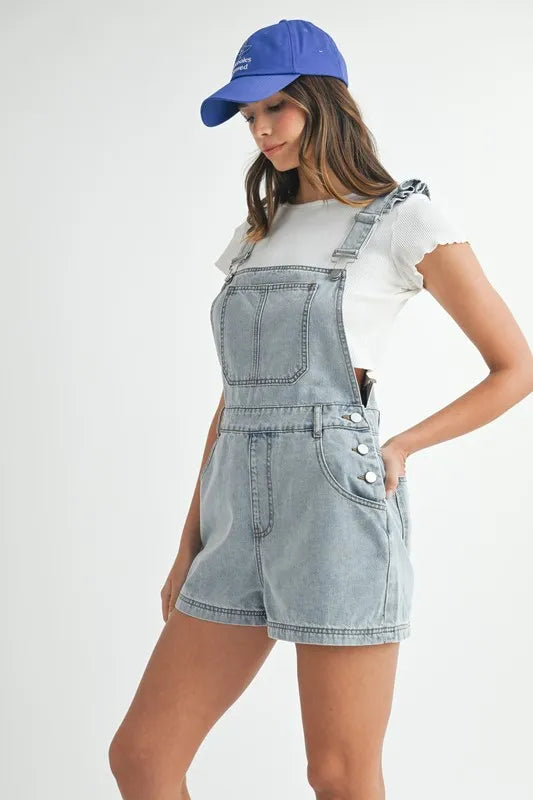 Square Neck Ruffle Shoulder Denim Overall Romper with Pockets.