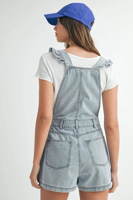 Square Neck Ruffle Shoulder Denim Overall Romper with Pockets.