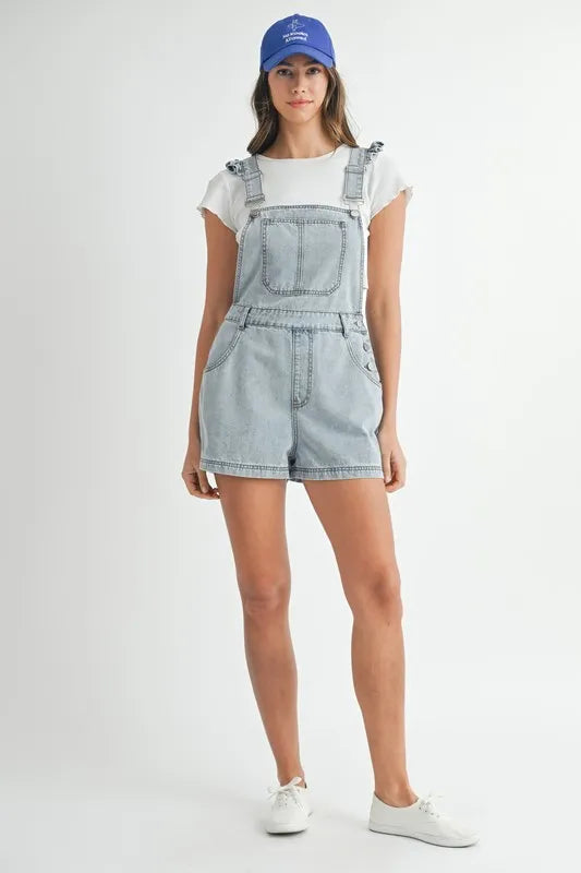 Square Neck Ruffle Shoulder Denim Overall Romper with Pockets.