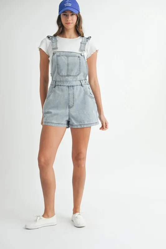 Square Neck Ruffle Shoulder Denim Overall Romper with Pockets.