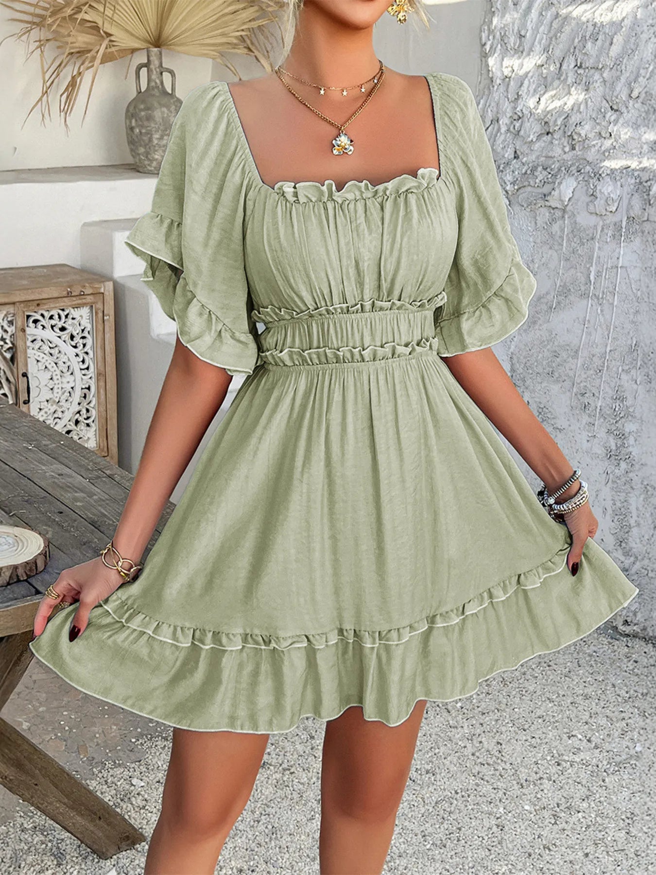 Square Neck Ruffle Trim Mini Dress.