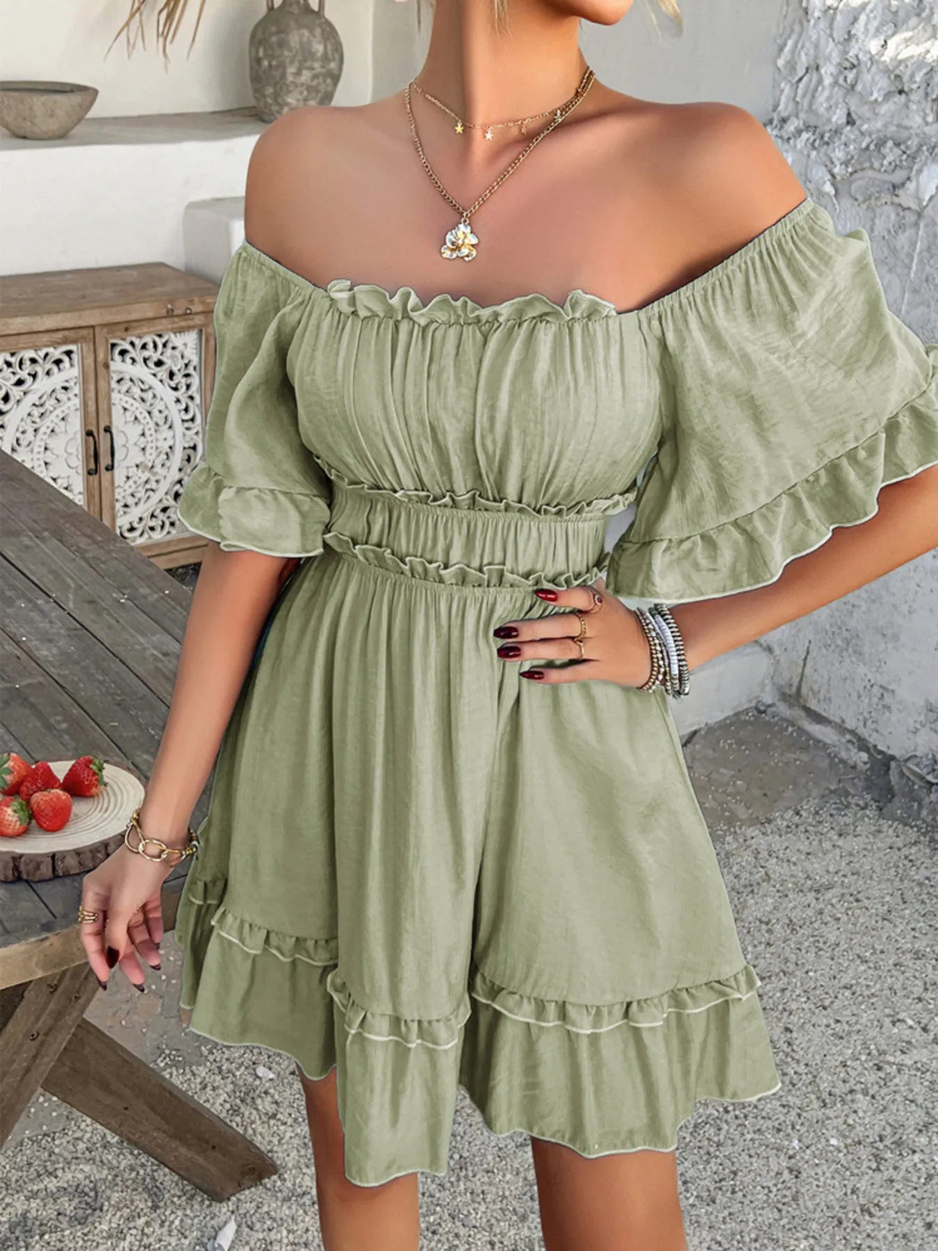 Square Neck Ruffle Trim Mini Dress.