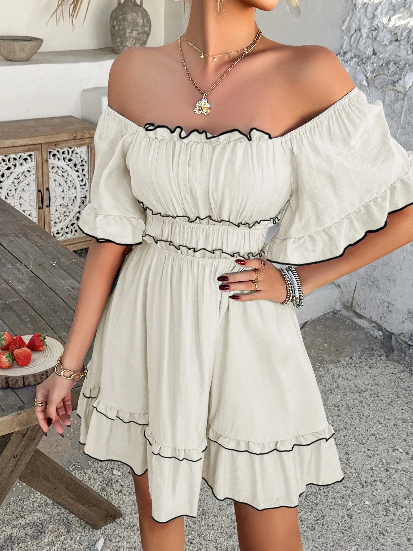 Square Neck Ruffle Trim Mini Dress.
