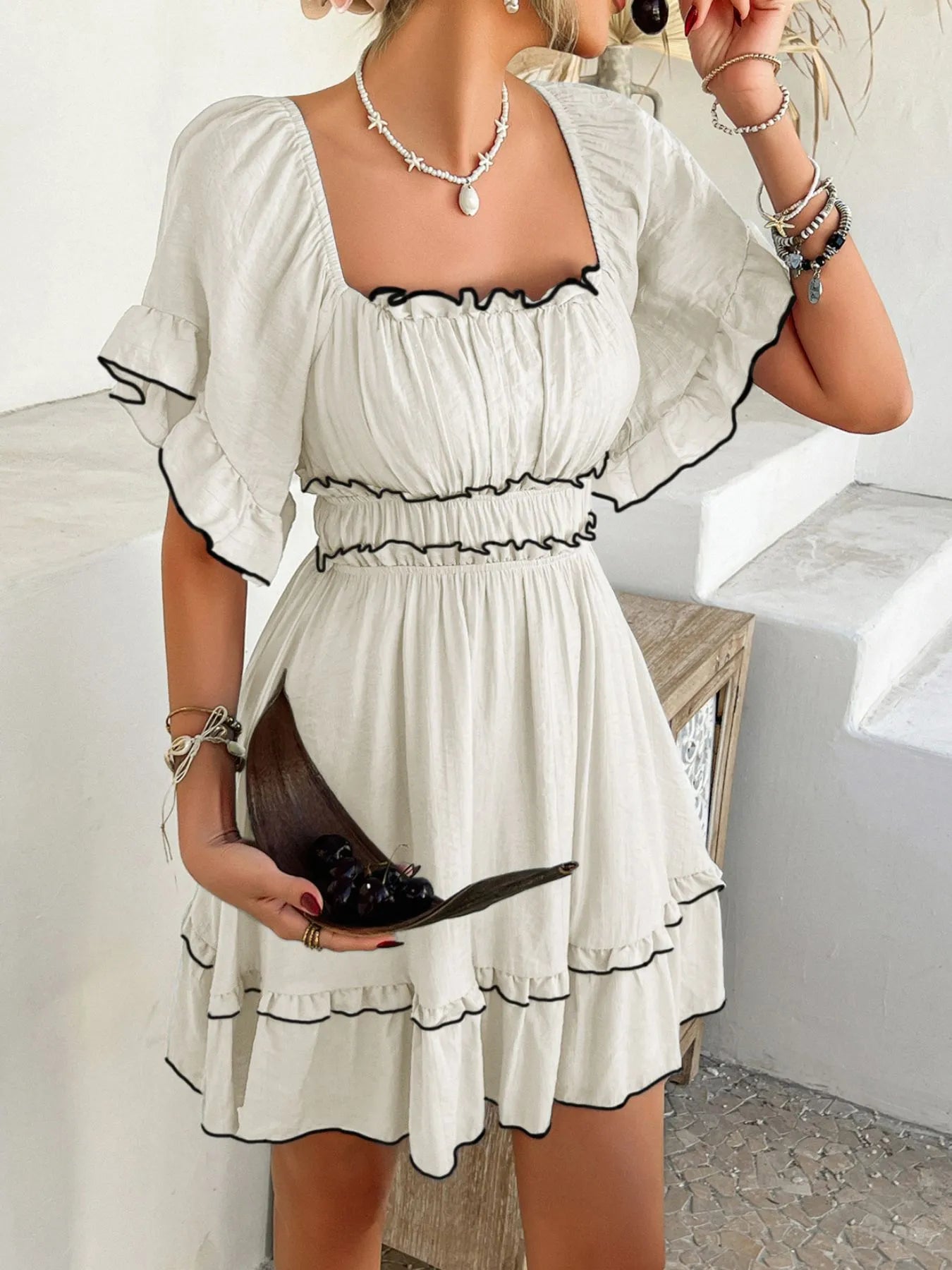 Square Neck Ruffle Trim Mini Dress.