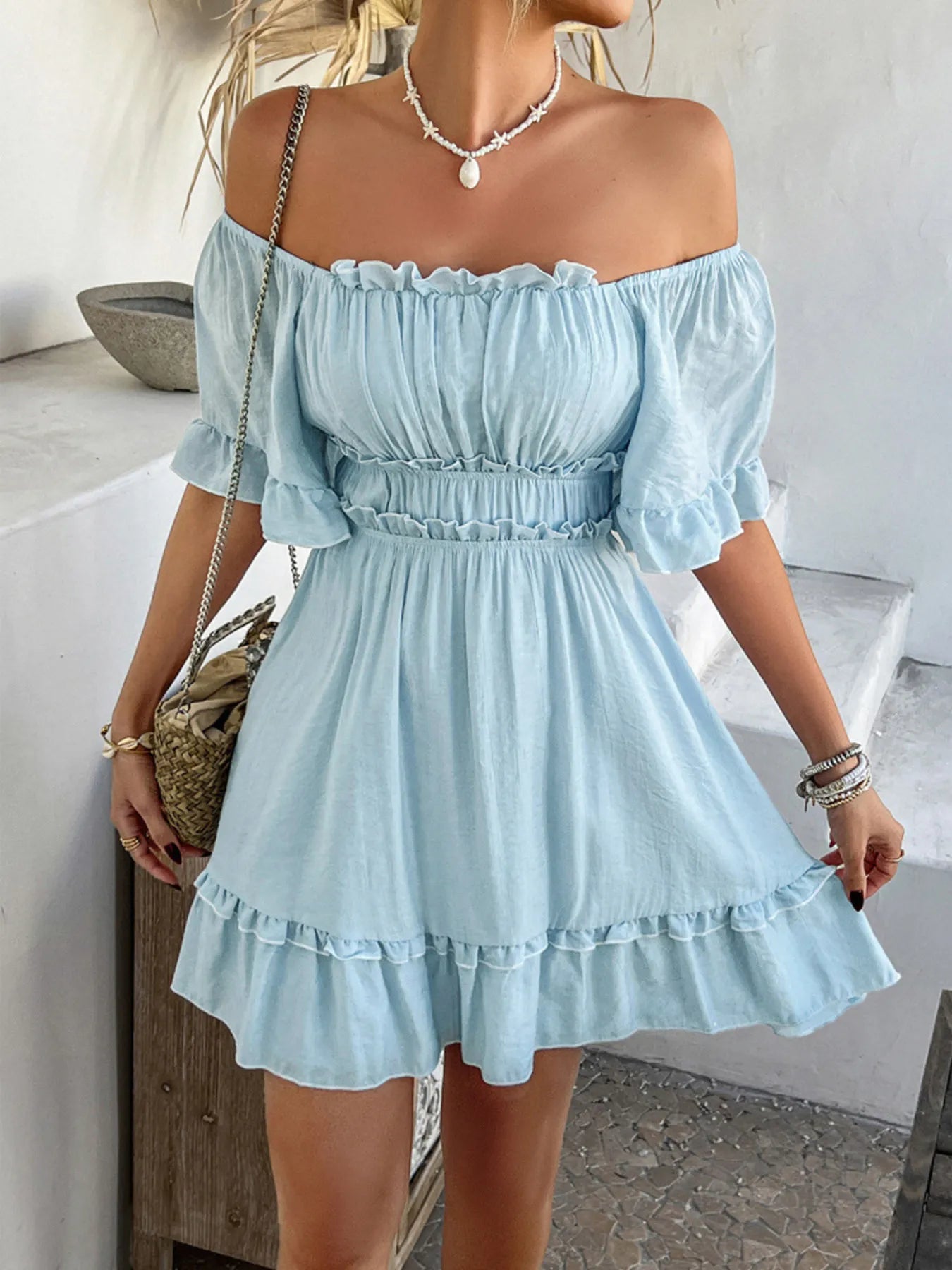 Square Neck Ruffle Trim Mini Dress.