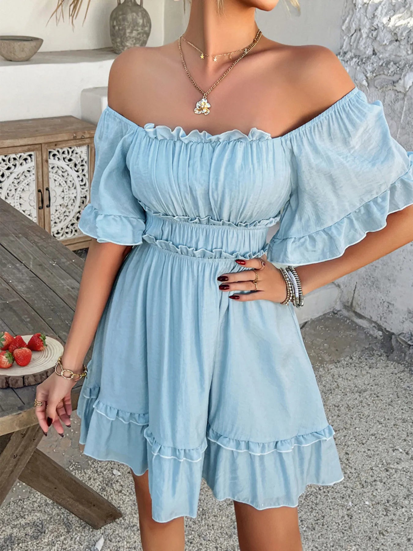 Square Neck Ruffle Trim Mini Dress.