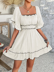 Square Neck Ruffle Trim Mini Dress.