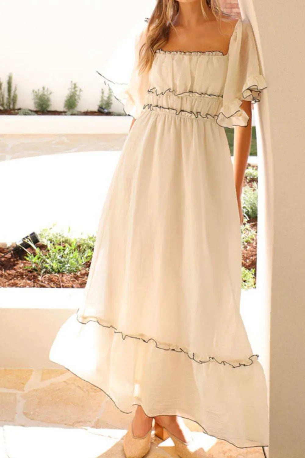 Square Neck Short Sleeve Midi Dress.