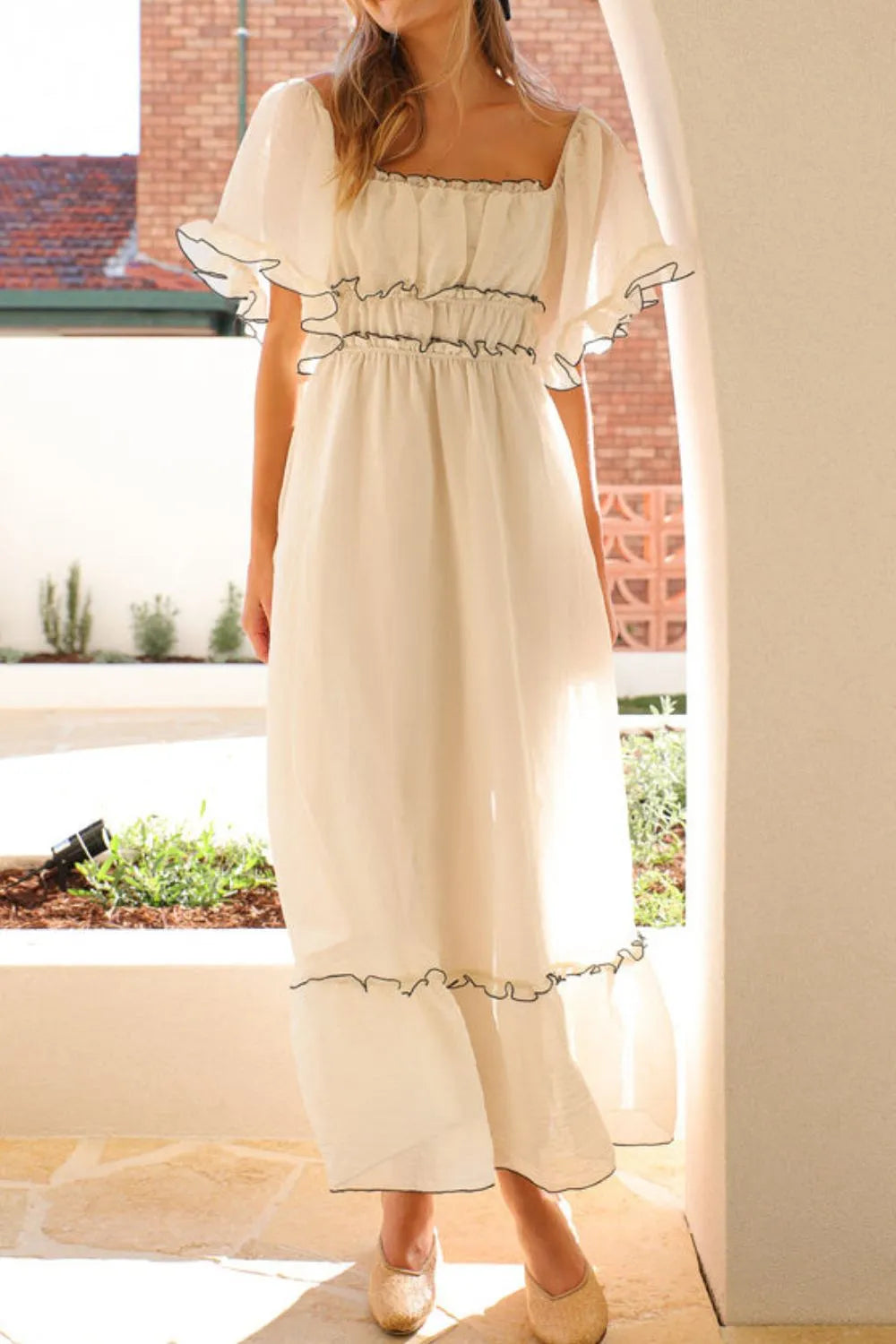 Square Neck Short Sleeve Midi Dress.