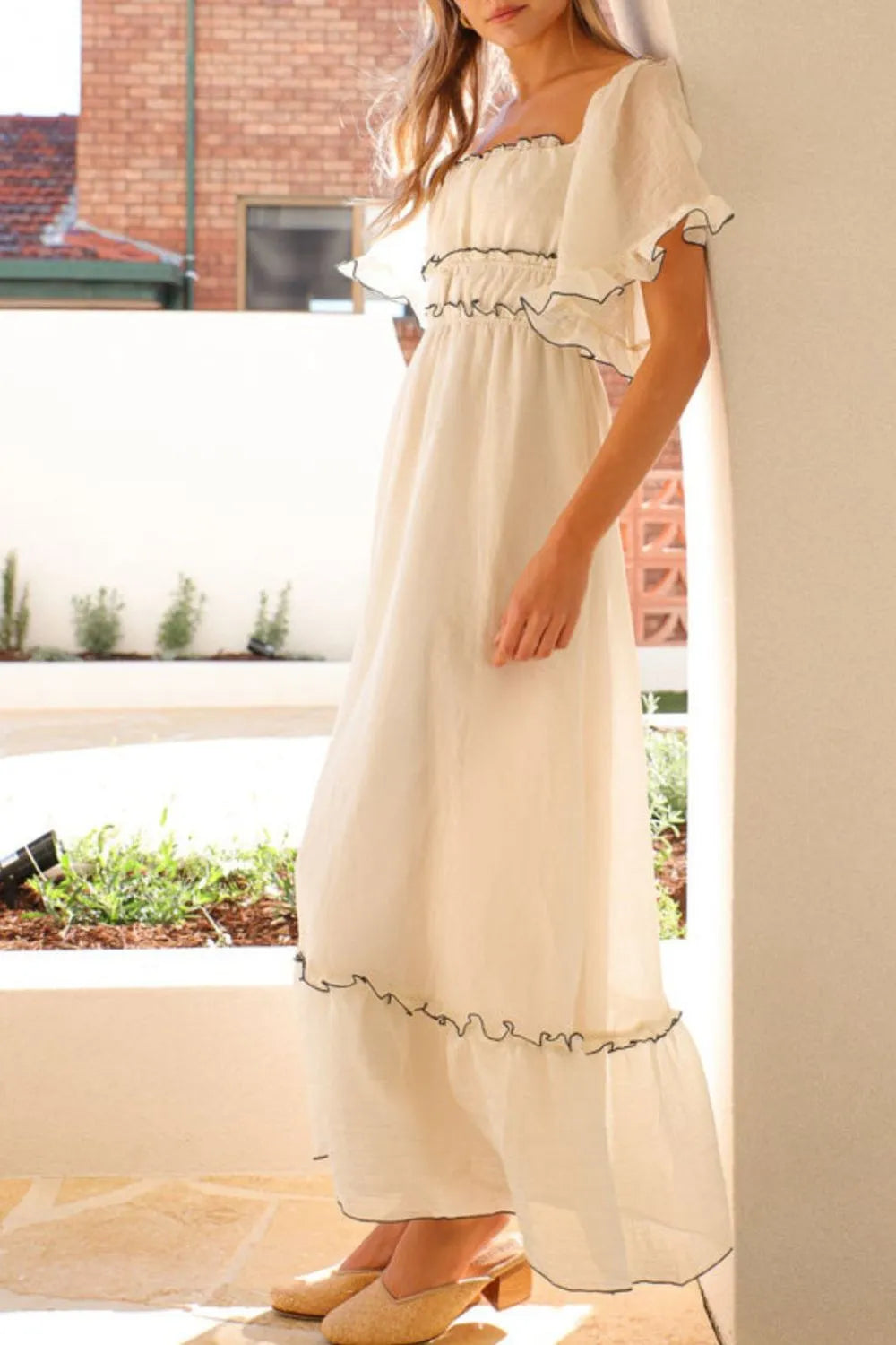 Square Neck Short Sleeve Midi Dress.