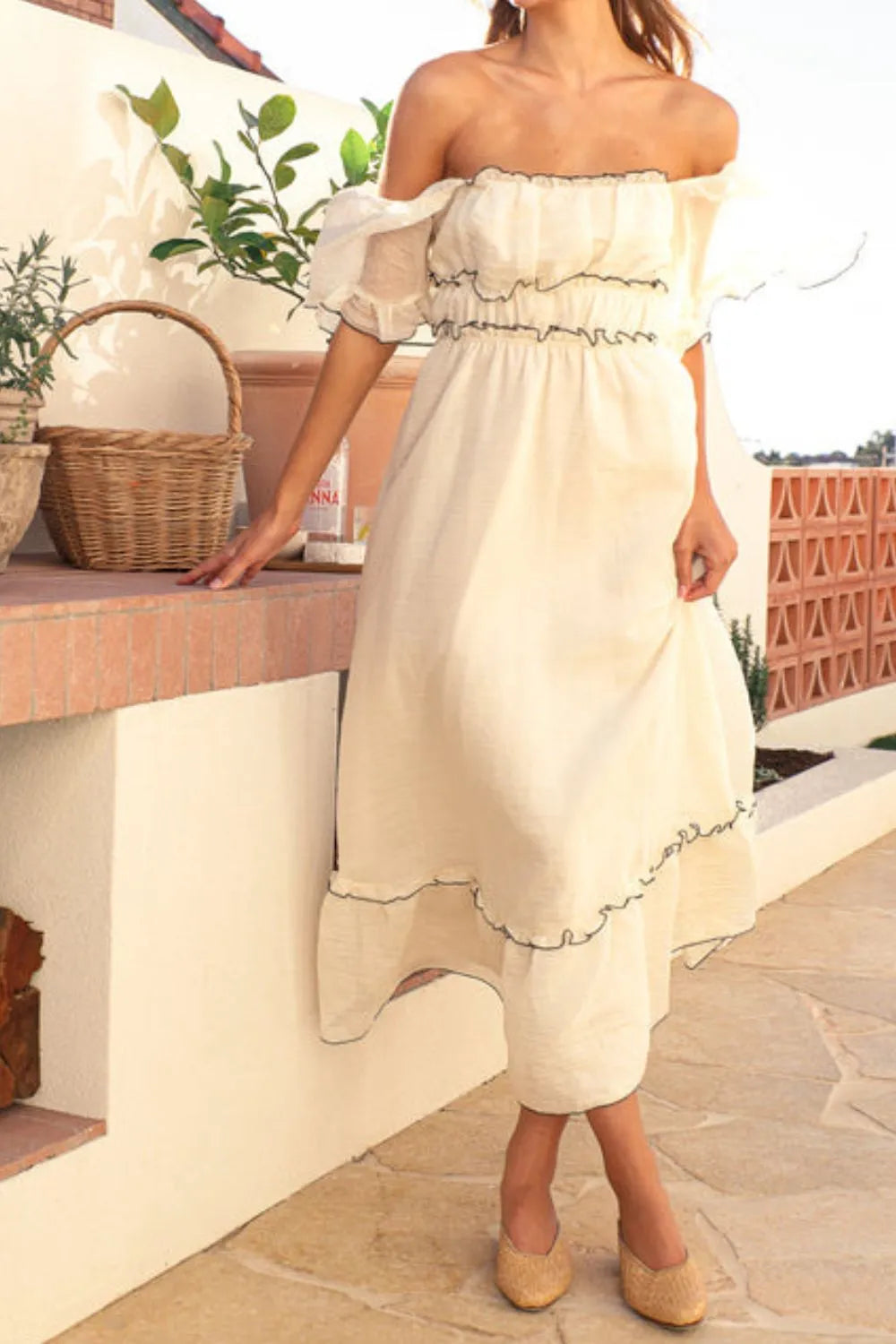 Square Neck Short Sleeve Midi Dress.