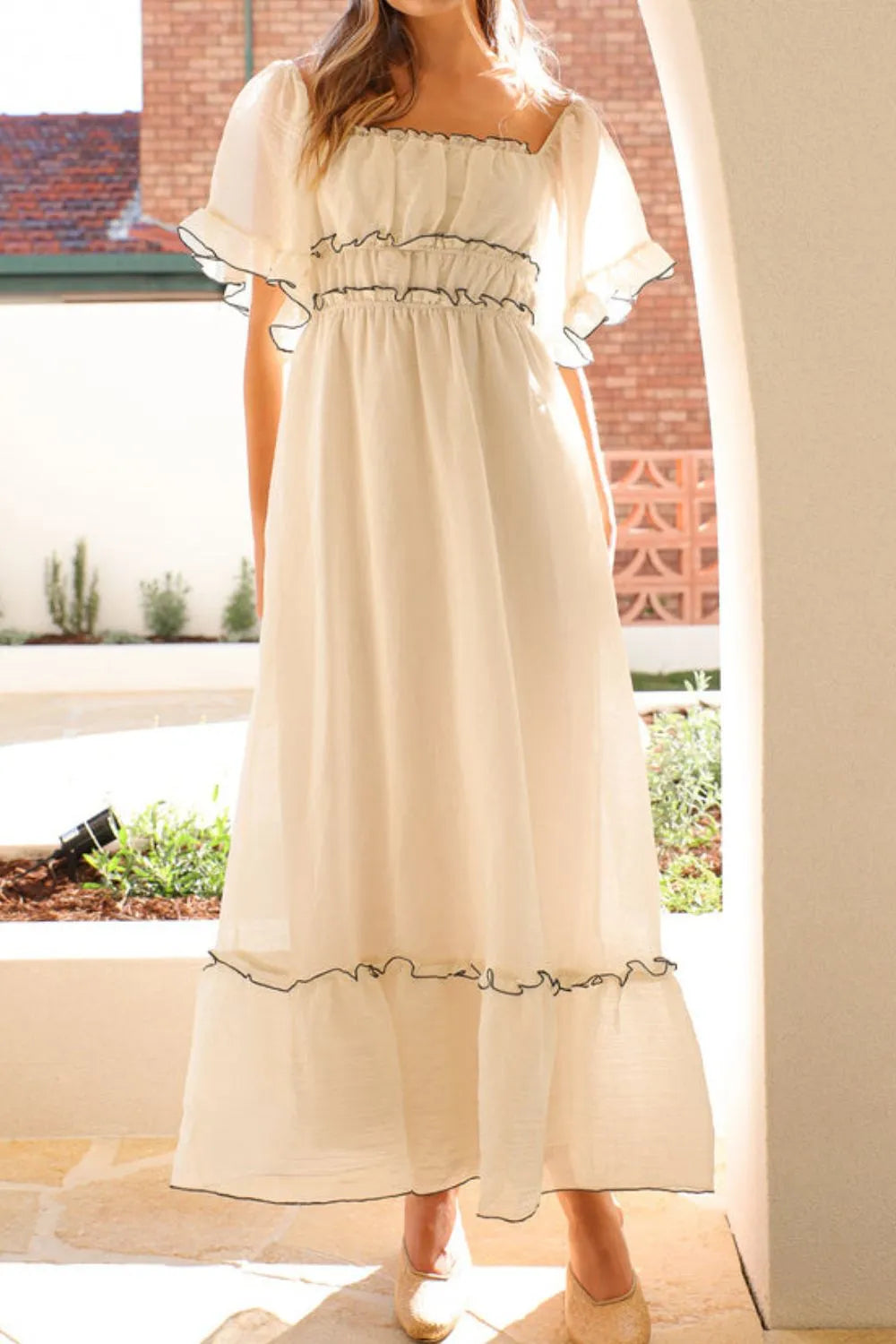 Square Neck Short Sleeve Midi Dress.