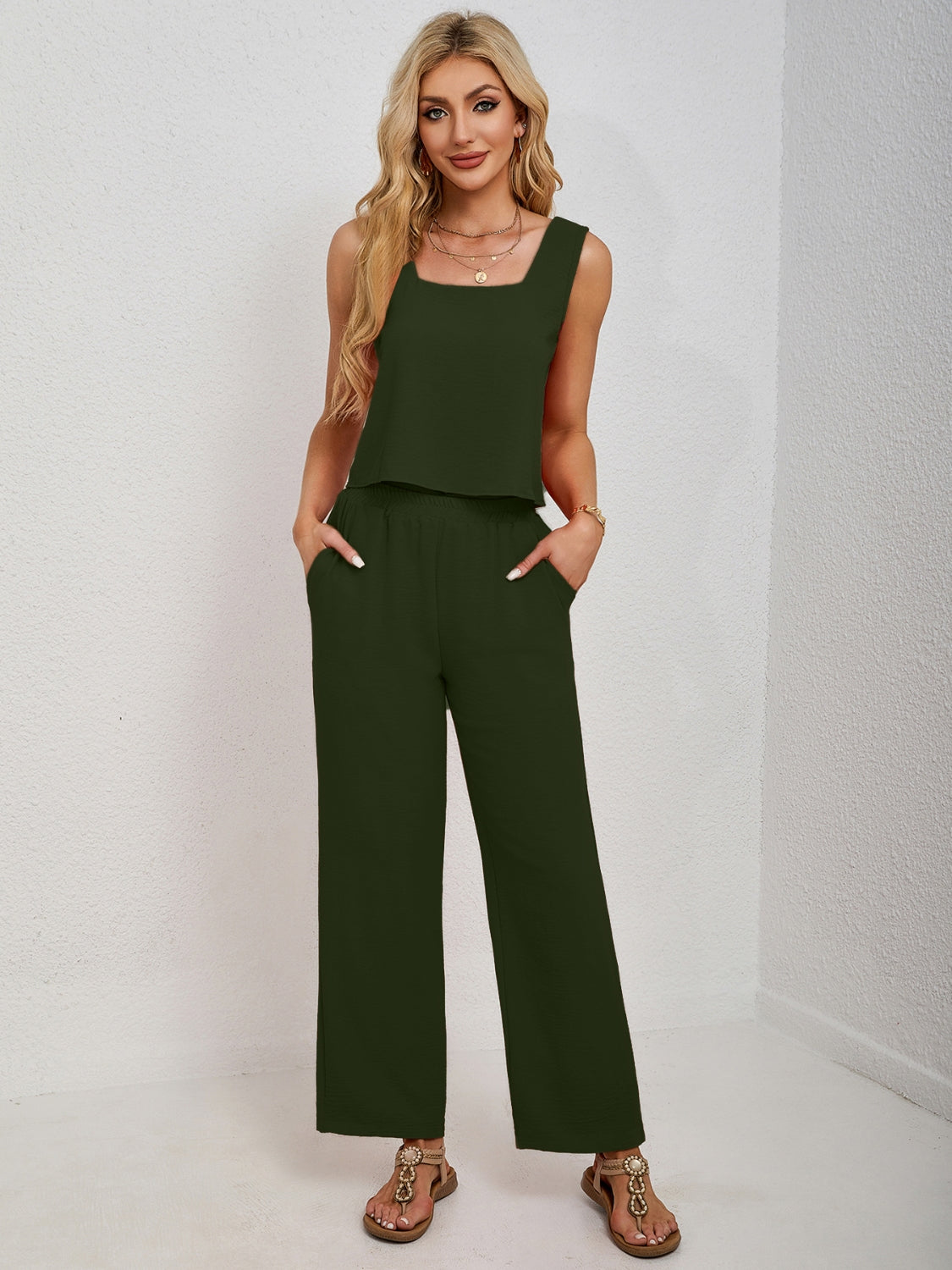 Square Neck Tank and Wide Leg Pants Set.