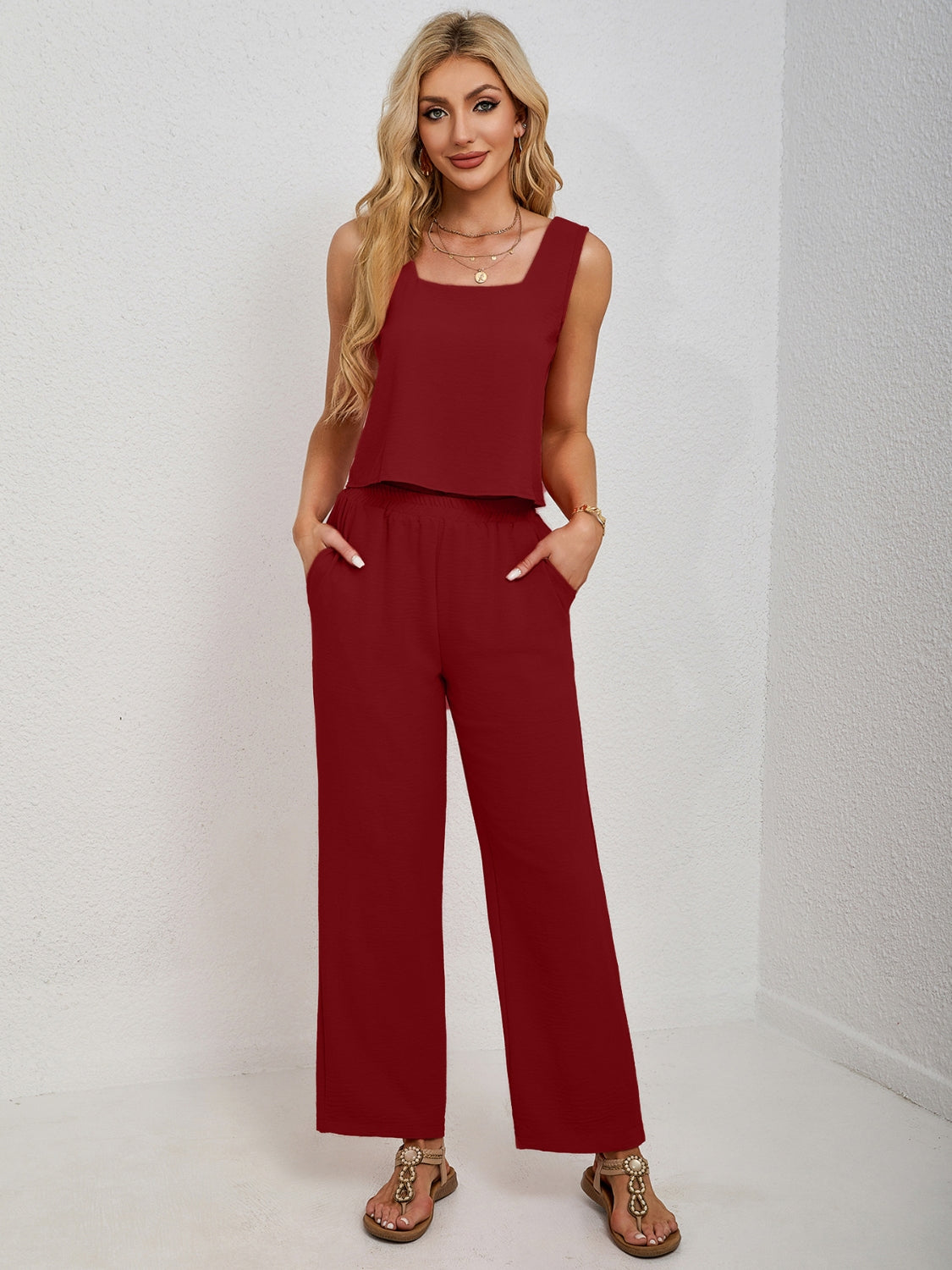 Square Neck Tank and Wide Leg Pants Set.
