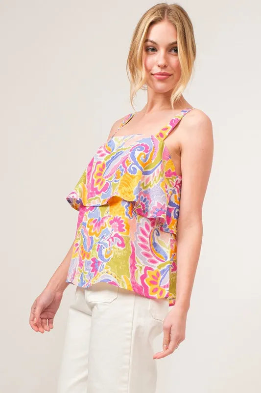 Square neck tiered paisley printed top with ruffled layers, slightly stretchy.
